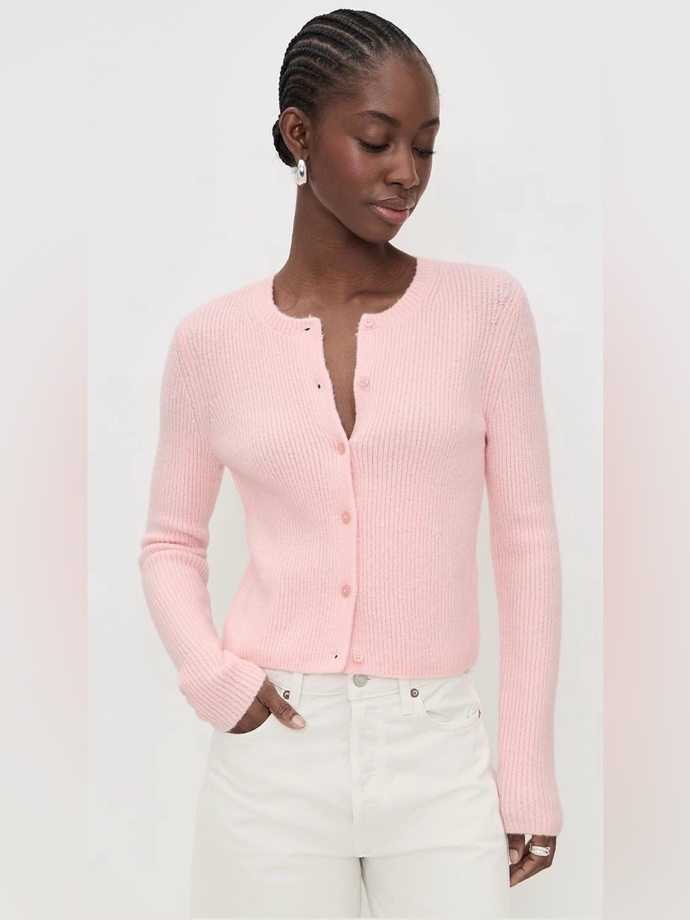 DAZE Classic Pink Ribbed Button-Front Women's Cardigan Sweater, size Large